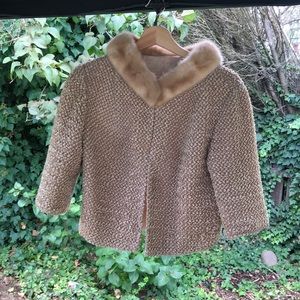 Blonde Mink collar 1950s cropped beige ribbon coat S-M